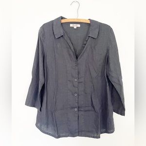 FLAX 100% Linen 3/4 Sleeve Black Collared Button Down Blouse